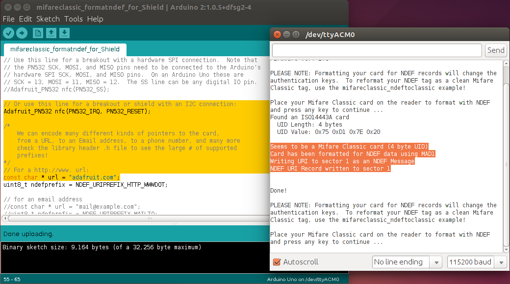 Arduino IDE while writing an RFID tag.