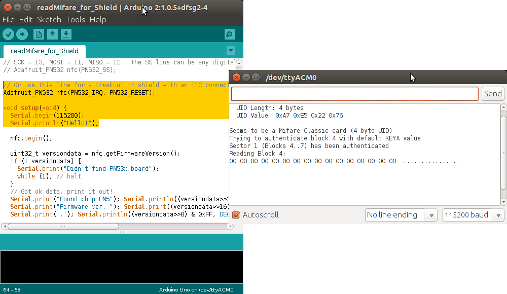 Arduino IDE while reading an RFID tag.