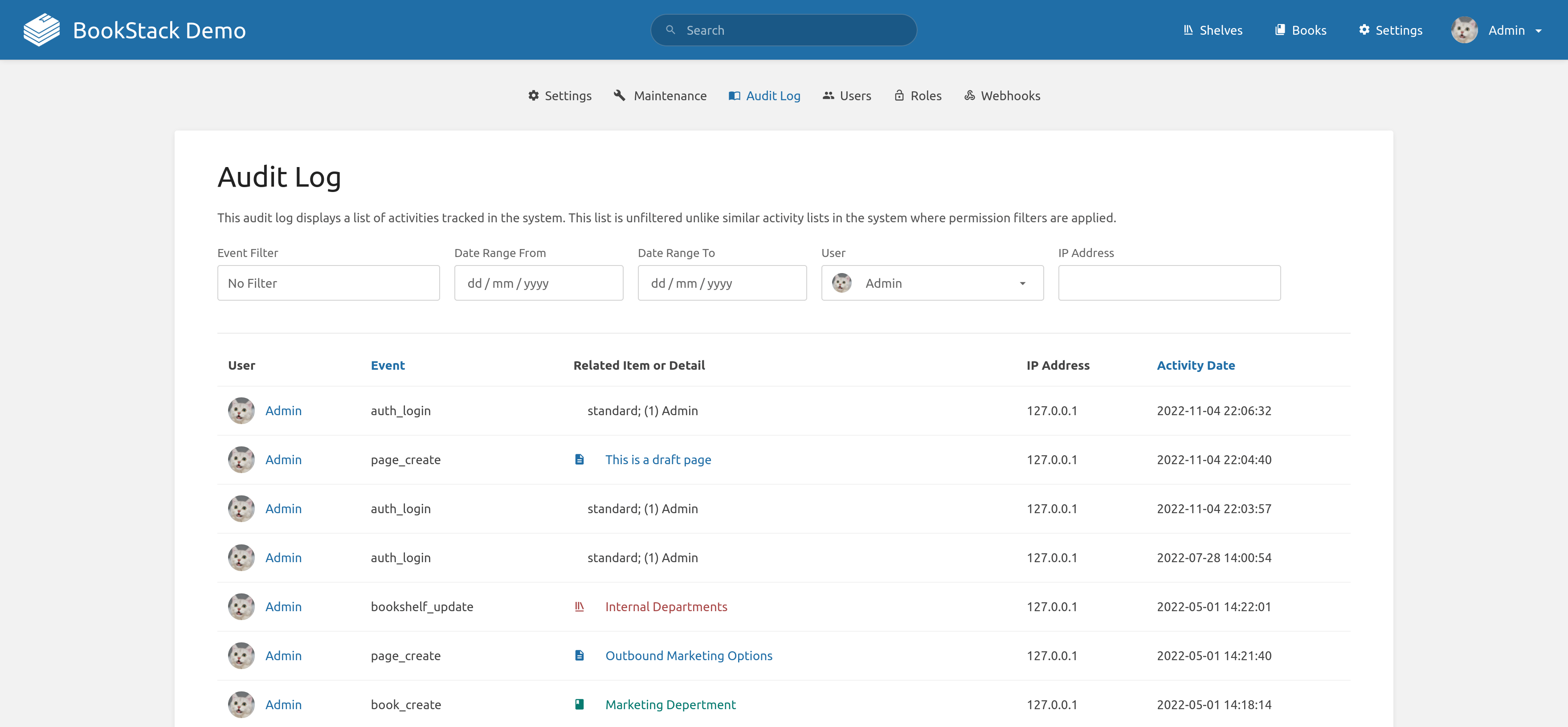 ​image of the BookStack audit log activity list.