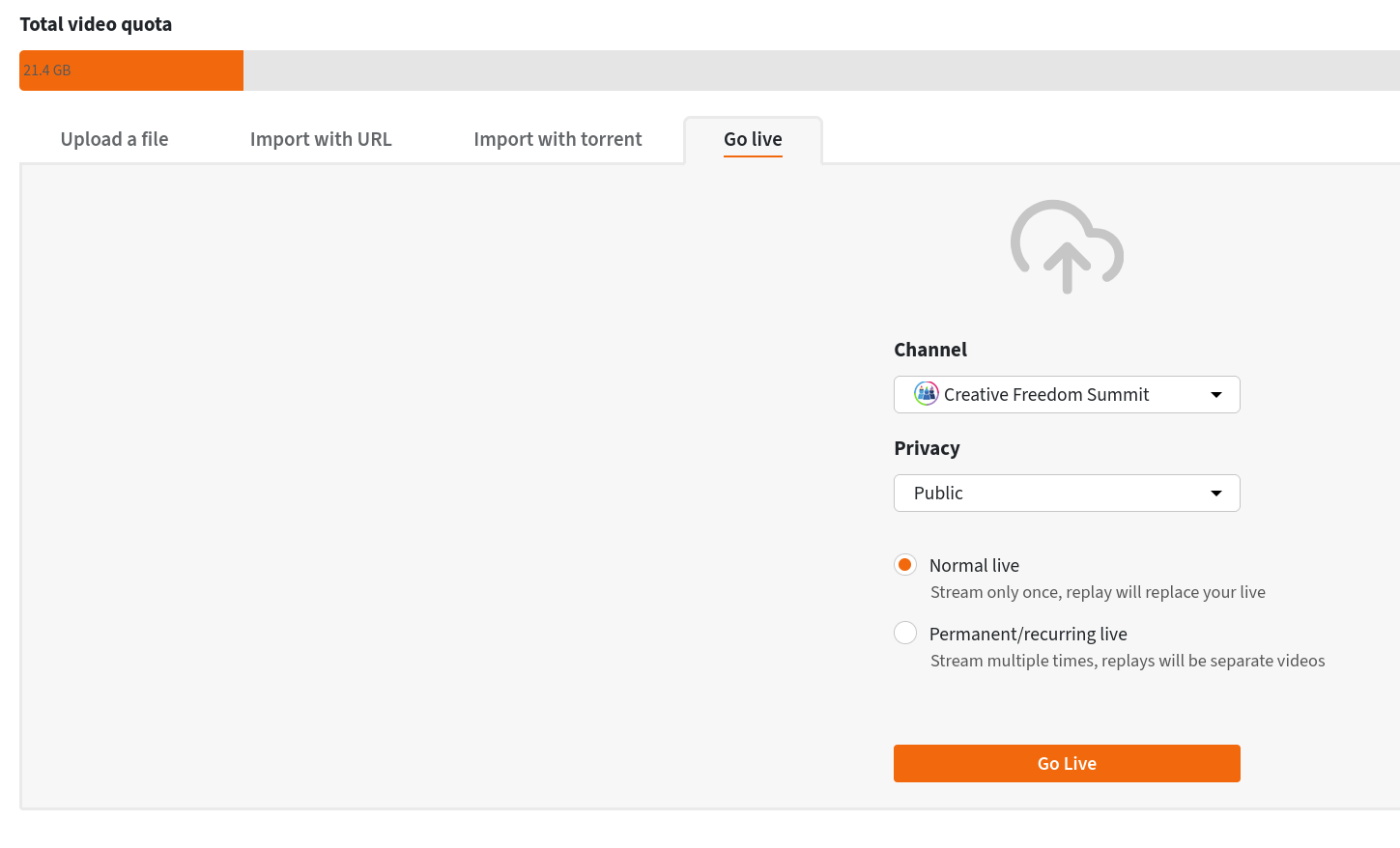 Screenshot of the Go Live button in PeerTube