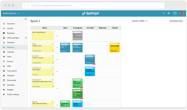 OpenProject sprint board