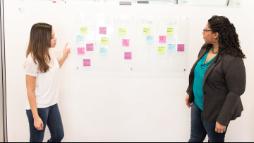 two women kanban brainstorming and brainmapping with post-it notes on a whiteboard 