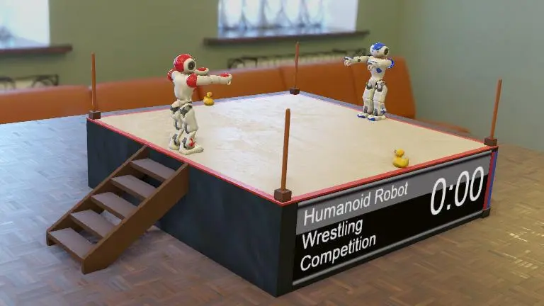 Robots competing in a boxing ring