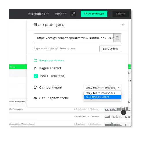 Creating a shareable link and editing permissions on Penpot.