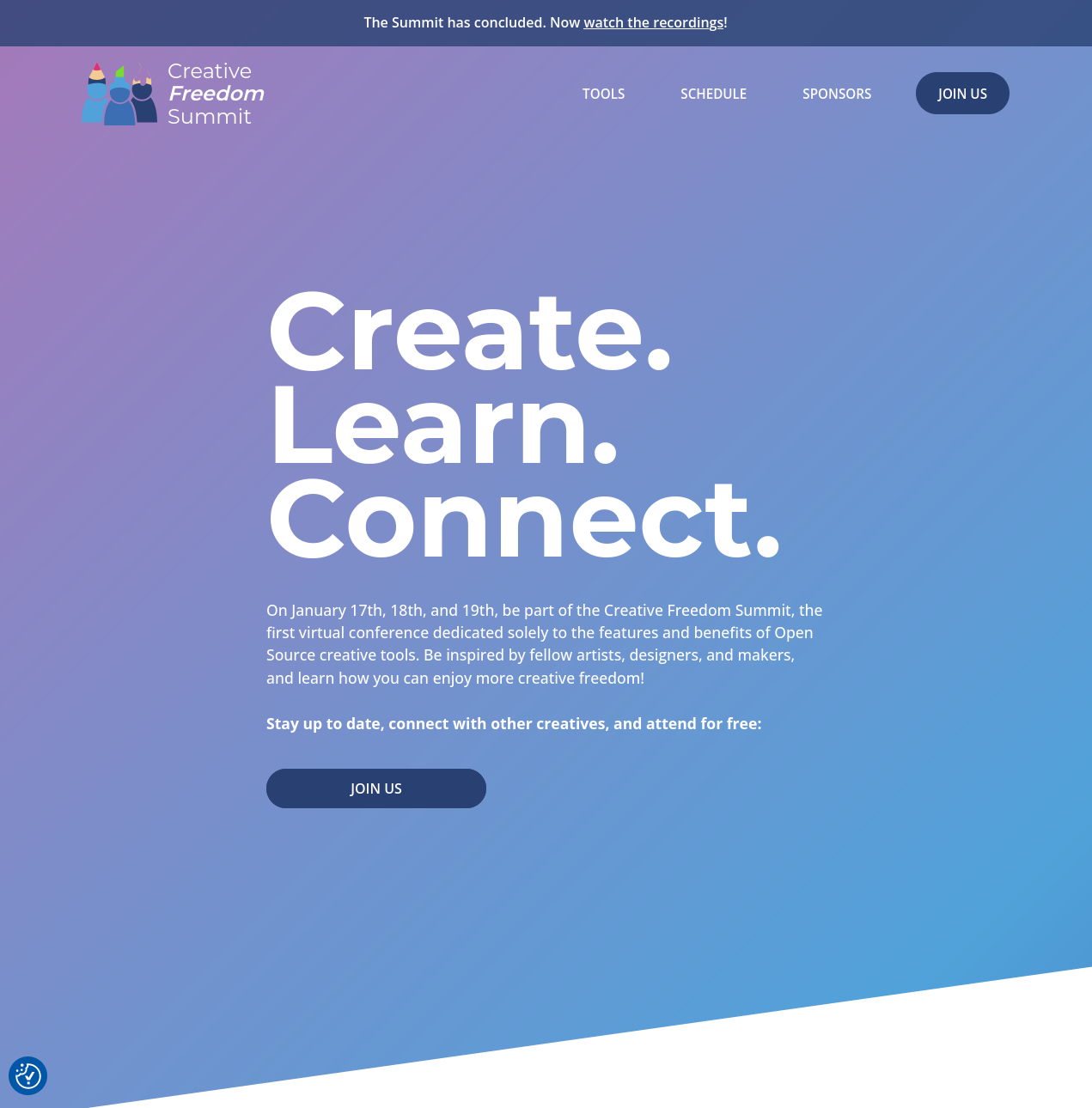 Screenshot showing the top of creativefreedomsummit.com, with the headline "Create. Learn. Connect." against a blue and purple gradient background.